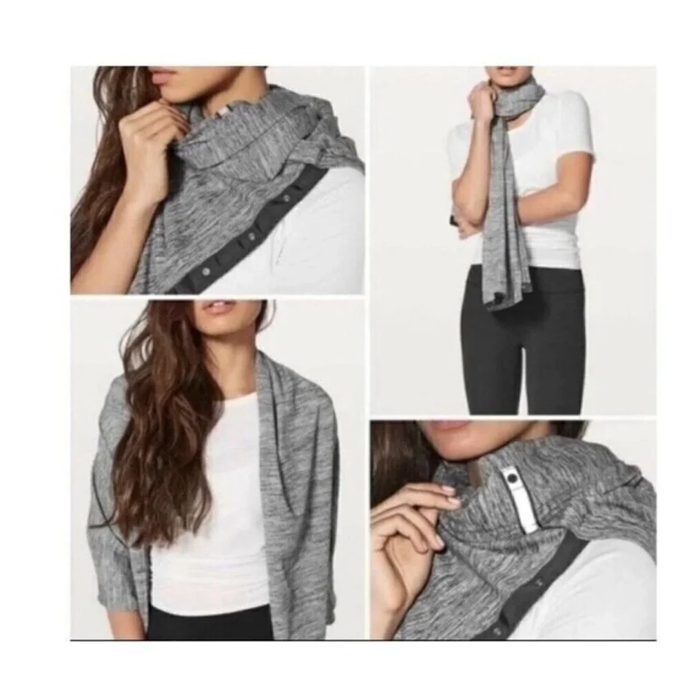 LULULEMON Vinyasa Scarf Gray Herringbone Knit Snap Close 26